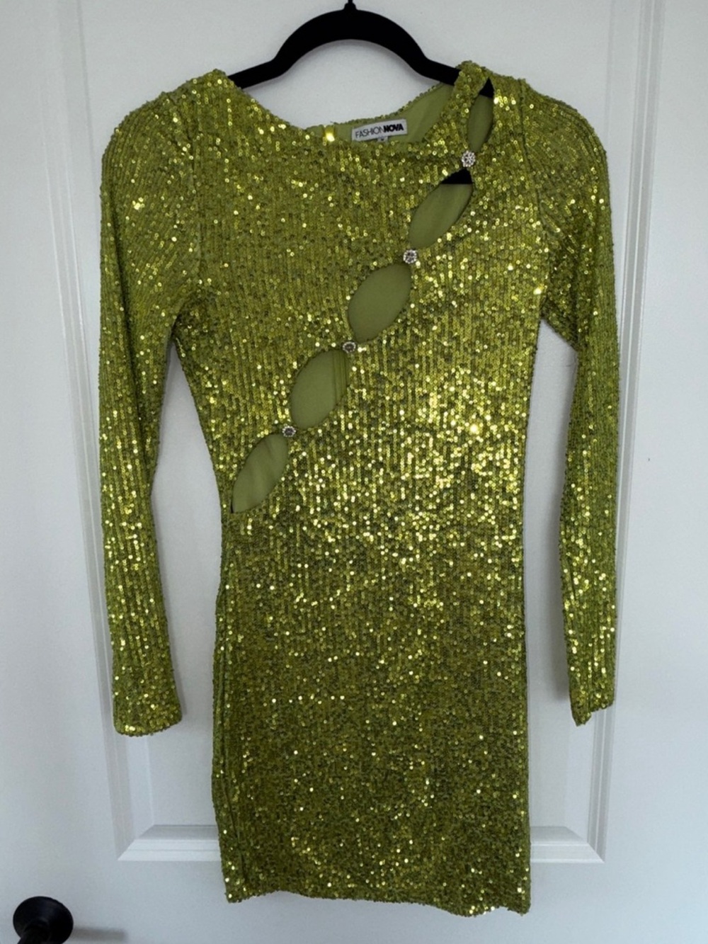 Fashion Nova Lime Sequin Long Sleeve Cutout Dress